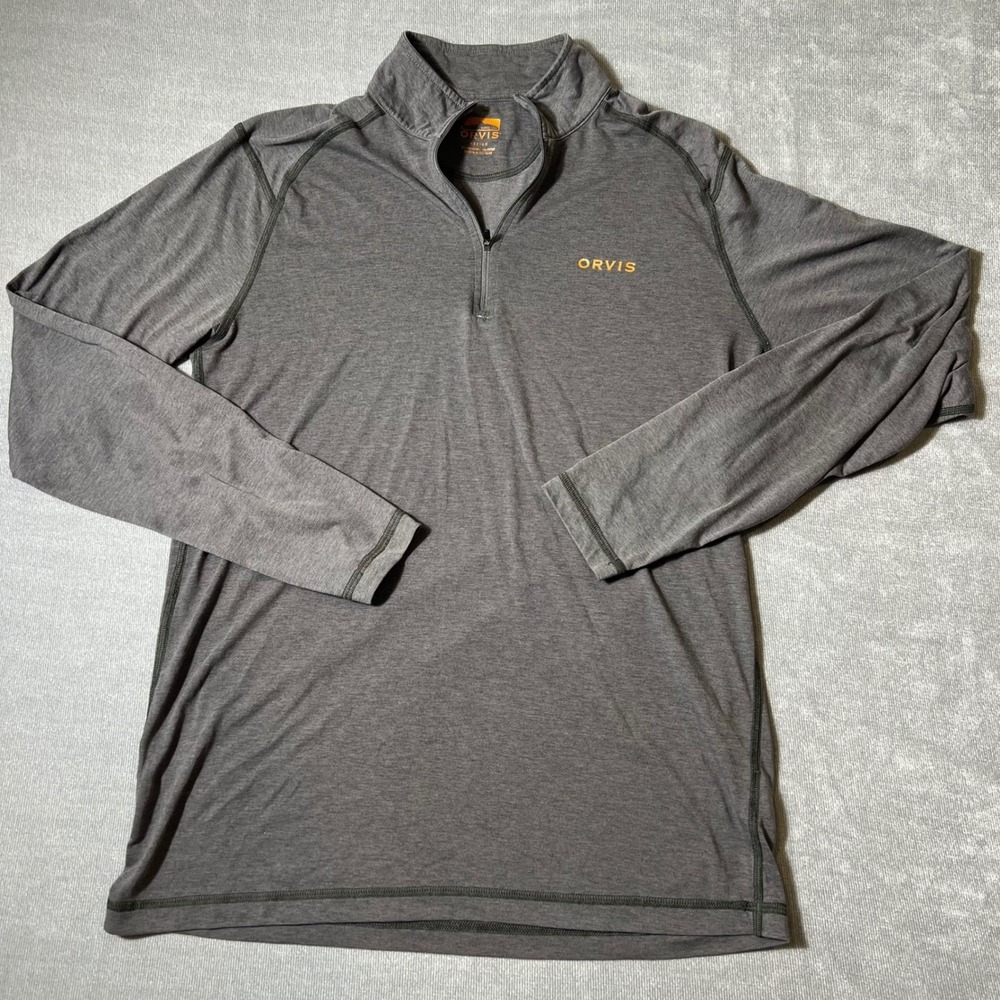 Orvis Mens‎ Medium Gray Heather 1/4 Zip Pullover Long Sleeve Logo Shirt Raglan